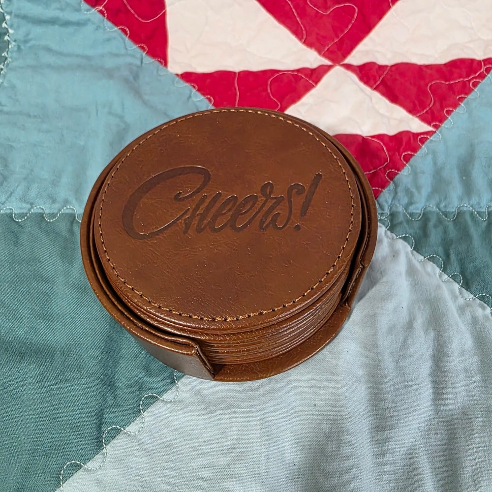 Cheers! Faux Leather Coaster Set Brown Embossed 6-Piece With Holder
